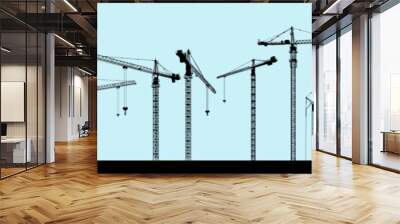 Big set of tower construction crane. Silhouette crane working building. Illustration with building cranes isolated on white background. Vector line art. Wall mural