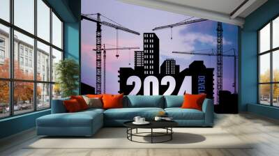 Black silhouette of construction with crane and cloudy sky for preparation of welcome 2024. Developer. New year and change new business. Vector illustration. Isolated on background. Wall mural