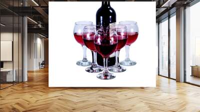 Bottle and glasses with red wine on a white background Wall mural