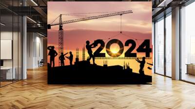 Concept New Year 2024 for marking, construction plans. Developer. Future planning and goals. Silhouette of a construction crane at a construction site raising the number 2024 year. Realistic vector. Wall mural