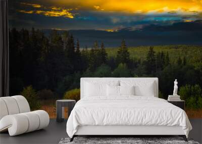 Evening landscape meadow against the backdrop of the forest at sunset. Wall mural