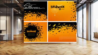 Halloween banner, poster with black bats on the orange background set. Template vector for text. Set of Halloween background with swarm of bats on orange sky. Pattern, background of halloween bat. Wall mural