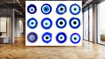 Mega set of grunge hand drawn Turkish evil eye. Mandala greek evil eye. Symbol of protection in Greece, Cyprus. Amulet from evil eye. Vector blue Turkish fatima's eye. Magic item, attribute. Wall mural