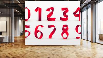 Paper folding numbers. Red ribbon script font. Modern stylized paper font. Alphabet letters. 3d number. Elements design. Celebration Vector illustration. Isolated on white background Wall mural