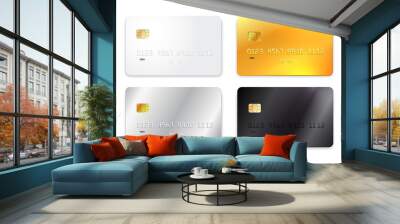 Set of credit card, white, gold, silver and black realistic mockup. Vector illustration. Isolated on white background. Wall mural