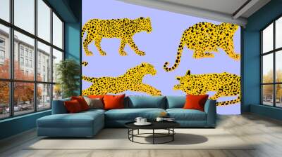 Set of cute funny yellow Leopards. Childish drawing style brush stroke. Abstract, cartoon quirky character Leopard. Vector hand drawn illustration. Fashion, poster, print, logo pattern design template Wall mural