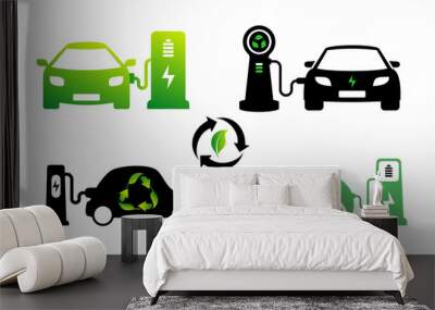 Set of Electric car icon electric car with charging station logo EV car hybrid and electric vehicles. Vector electricity illustration. Eco friendly electro auto concept. Green and black symbols. Wall mural