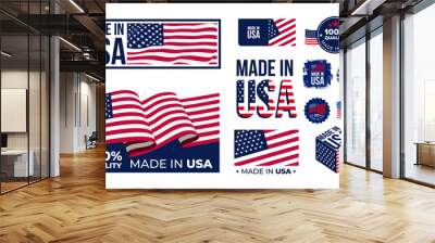 Set of Made in USA badges. Patriot proud label stamp, American flag and national independence day 4th july badges. Vector illustration. Isolated on white background. Wall mural