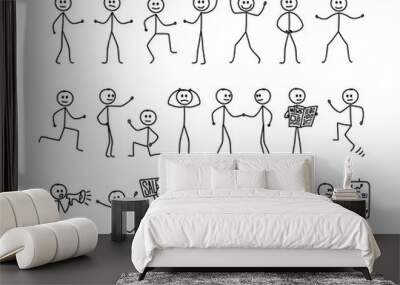 Set of man drawing, different poses, stick figure people pictogram. Freehand drawing. Vector illustration. Isolated on white background Wall mural