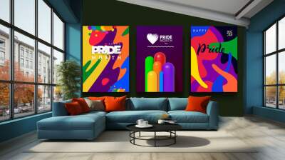 Set of Pride month 2022 logo card with flag. Vector banner, rainbow pride symbol with heart, LGBT, sexual minorities, gays and lesbians. Designer sign, logo 2022, icon colorful rainbow. Wall mural