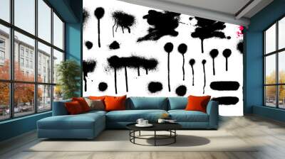 Set of Spray graffiti stencil template. Black splashes. Freehand drawing. Vector illustration. Isolated on white background. Wall mural