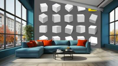 Set of white 3D cubes pack isolated on white background. Different light, perspective and angle. Vector illustration. Isolated on gray background. Wall mural