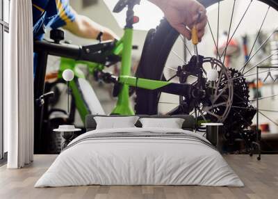 Cropped shot of male mechanic working in bicycle repair shop, serviceman repairing modern bike brakes using special tool, wearing protective workwear Wall mural