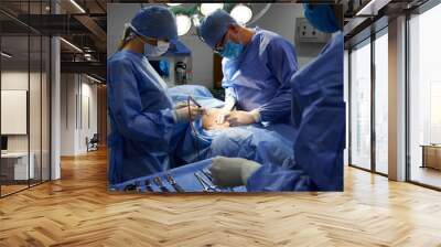 Surgical team in sterile gloves and protective face masks doing aesthetic surgery in operating room. Assistant standing by surgical table with medical tools. Concept of medicine and plastic surgery. Wall mural