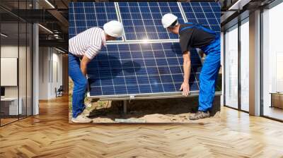 Two technicians installing exterior voltaic stand-alone solar panel system in rural countryside on bright sunny summer day. Renewable ecological cheap green energy production concept. Wall mural