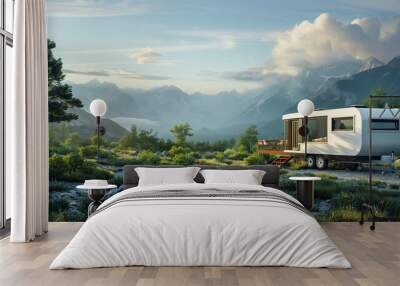  Parked modern Rv camping on beautiful mountain panoramic nature. Holiday trip in motorhome. Wall mural