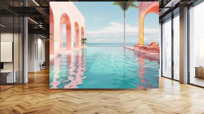 A beautiful landscape of the hotel with a pool of pink colors with a beautiful view of the sea Wall mural