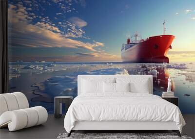 Cargo ship with containers driving through frozen sea with ice blocks floating in sea Wall mural