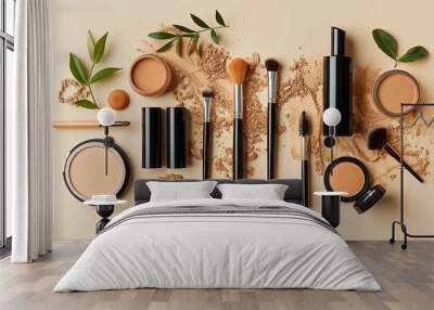 Flat lay set of professional decorative cosmetics, makeup tools and accessory on beige background Wall mural