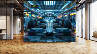 Front View of a White Formula 1 Car in a High-Tech Garage Under Bright Lights Wall mural