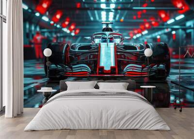 Front View of White Formula 1 Car in Garage with Red and Blue Lights Wall mural