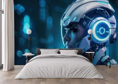 Futuristic Female Android with Glowing Blue Lights in High-Tech Environment Wall mural