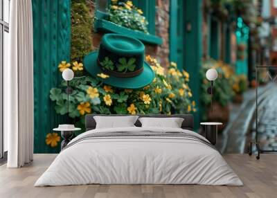 Green leprechaun hat is hanging on a flower pot in dublin, celebrating saint patrick's day Wall mural