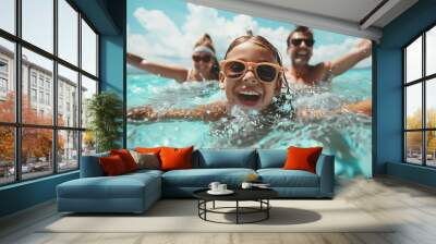 Happy little girl in sunglasses swimming in the sea with her parents in the background, summer vacation Wall mural