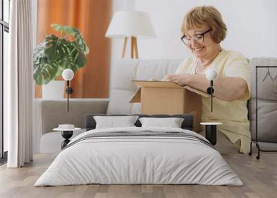 Happy senior woman sitting on couch opening carton box received parcel package, internet order, medical goods, pills, vitamins, medications, drugs. Wall mural