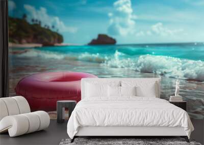 Pink inflatable ring floating along sandy beach. Tropical sea coast. Summer vacation at the ocean Wall mural