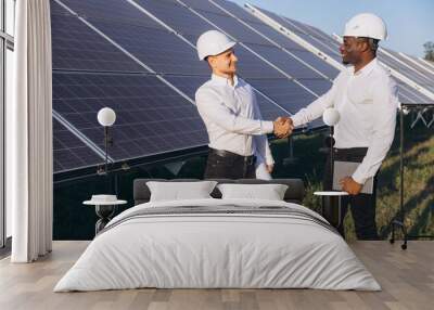 Two Engineers Shaking Hands Near Solar Panels Outdoors Wall mural