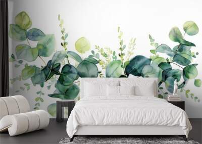 Watercolor painting of eucalyptus leaves on a white background. Suitable for botanical illustrations or nature-themed designs Wall mural