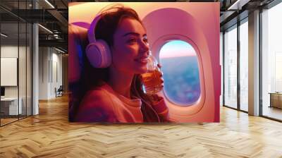 A young smiling woman enjoys a comfortable flight, sitting in the airplane cabin, listening to music on headphones and drinking water.  Wall mural