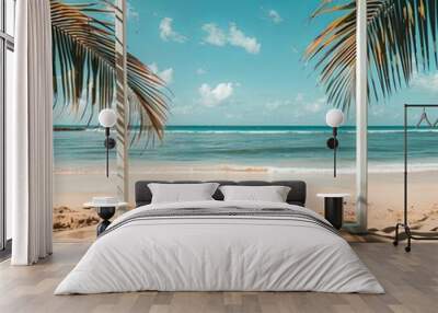 Sand with palm trees and tropical beach and sea background with design frame for creative advertising Summer holiday and travel concept.  Wall mural