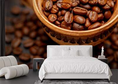 mug with roasted coffee beans on wooden background Wall mural