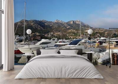 Sailboat harbor with many beautiful moored sail yachts in the sea port Wall mural