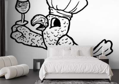 Bird parrot chef with a glass of wine alcohol toast logo character tattoo print stamp Wall mural