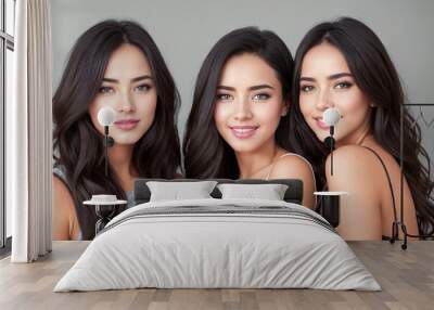 Beautiful group three girlfriends woman brunette beauty close-up portrait on gray background. Wall mural