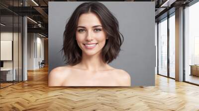 Beautiful woman brunette beauty close-up portrait on gray background. Generative AI Wall mural