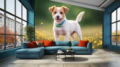 Joyful little dog jack russell terrier  in the spring forest with flowers, sunbeams and bokeh. Generative AI Wall mural