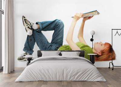 young girl read the book on white Wall mural