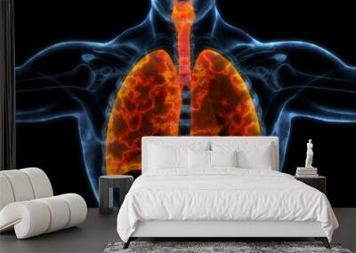 Human lungs medical illustration showing infected lungs in bright orange. 3D illustration Wall mural