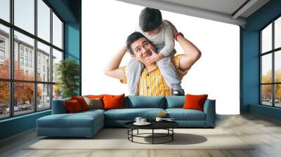 Cute son riding his father's throat, Are happy On white isolated background to family concept. Wall mural