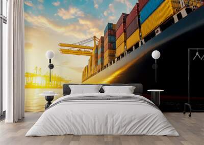 Cargo ship loaded with containers sails under a sunset, symbolizing global trade and shipping activity. Wall mural