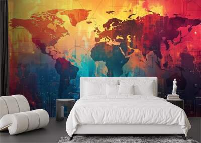 Colorful abstract world map with modern art style, vibrant hues of red, blue, and yellow, representing global connections and creativity. Wall mural