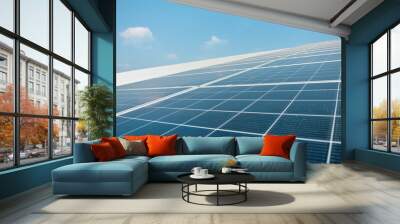 Solar cell in solar farm with green tree and sun lighting reflect, Alternative energy and sustainable energy, photovoltaic, Pure energy Concept. Wall mural