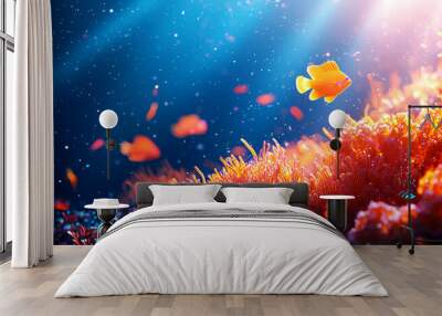 Vibrant underwater scene with colorful coral reefs and tropical fish swimming in sunlight beams. Wall mural