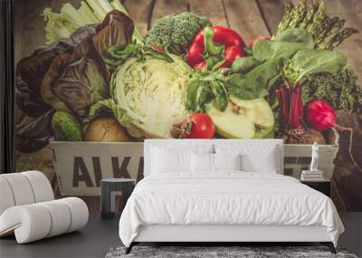 Alkaline diet concept - fresh foods on rustic background Wall mural