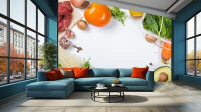 Grocery shopping concept. Balanced diet concept. Fresh foods with shopping bag on white background Wall mural