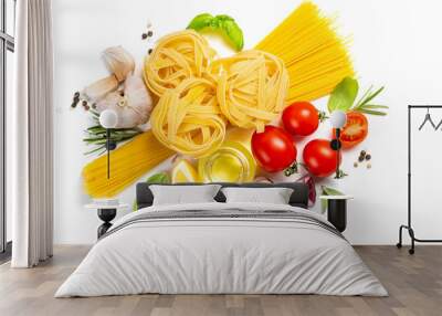 Italian cuisine concept - raw pasta and ingredients. Healthy vegetarian diet, isolated on white Wall mural